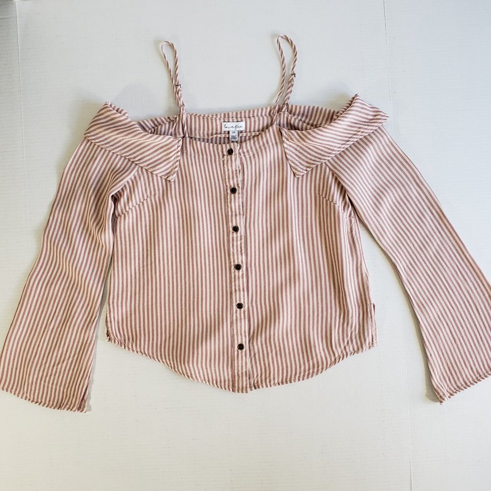 Love Fire Off the Shoulder Womens Top Stripe Tan Long Sleeve with Straps Sz Smal